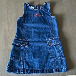 Oshkosh Vintage Girls Denim Blue Dress Flowers Embroidered Sleeveless Si…